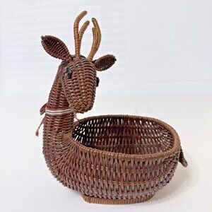 VTG Reindeer Deer Basket Wicker Rattan Woven Plant Decor Holiday Christmas